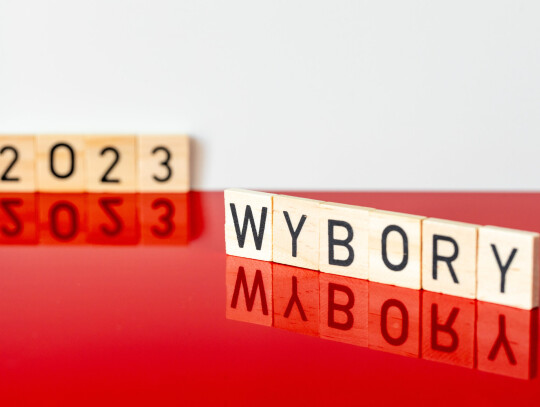 Polish white and red colors and the word WYBORY in Polish for the parliamentary elections and the year 2023, The concept of elections in Poland