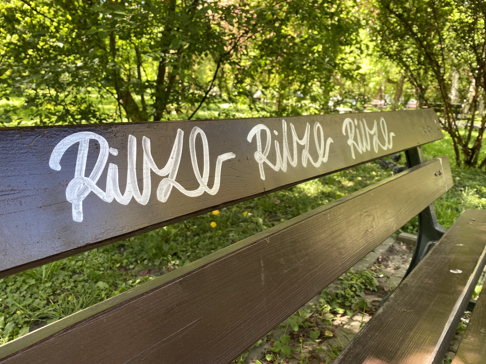 Graffiti na jednej ze świeżo pomalowanych ławek na Sadach Żoliborskich.
