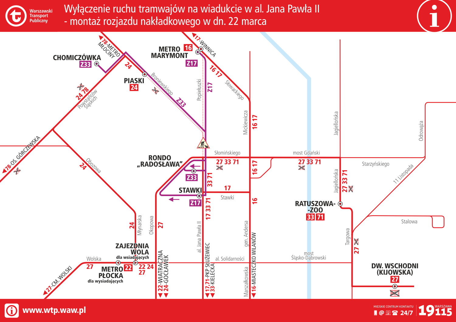 Od soboty, 22 marca wstrzymany będzie ruch tramwajowy między Rondem Zgrupowania AK „Radosław” a ulicą J. Słowackiego oraz W. Broniewskiego. Nie będą kursowały tramwaje linii 28, a 16, 17, 22, 27 i 33 oraz 24 zmienią swoje trasy w obydwu kierunkach.