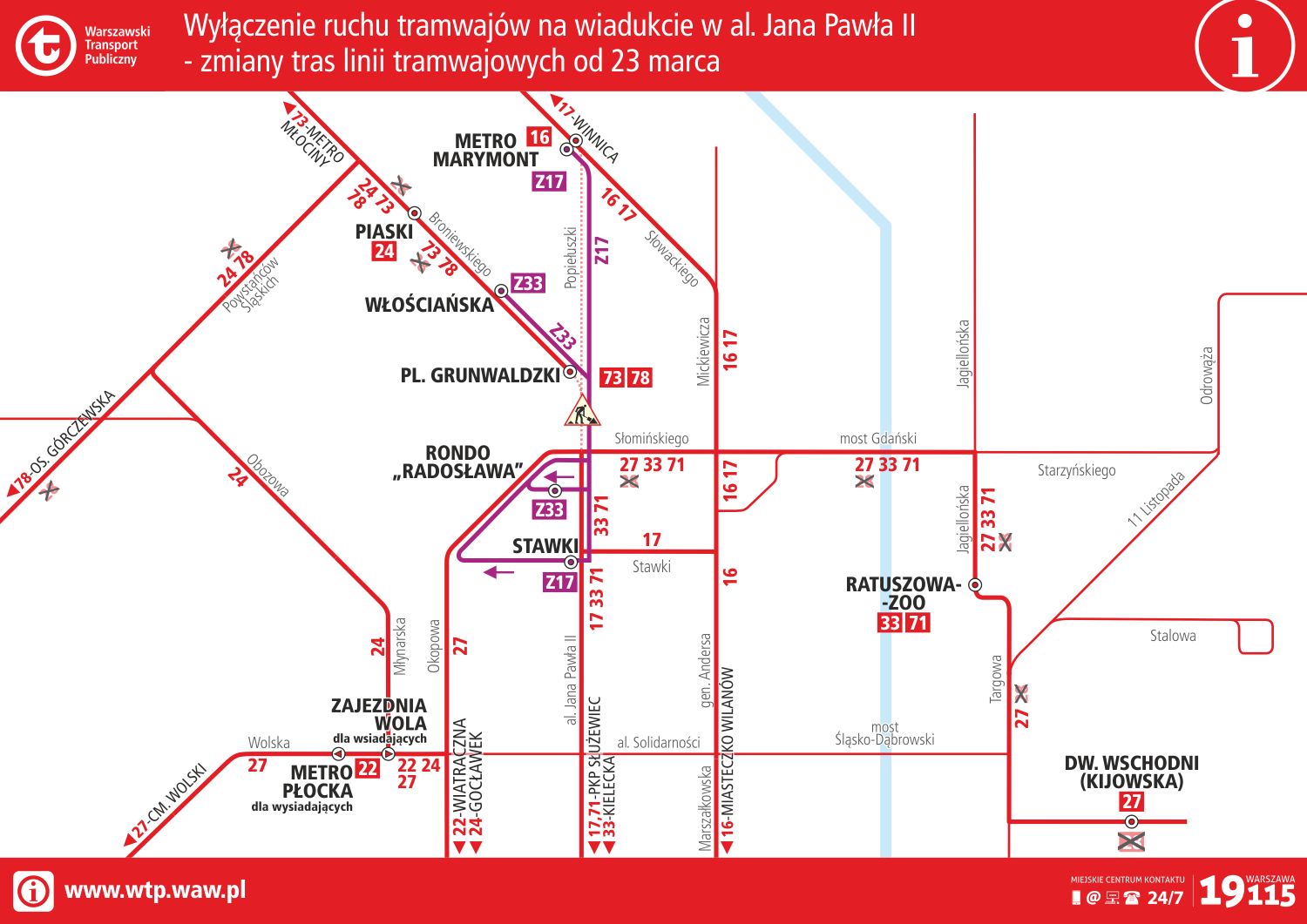 Od soboty, 22 marca wstrzymany będzie ruch tramwajowy między Rondem Zgrupowania AK „Radosław” a ulicą J. Słowackiego oraz W. Broniewskiego. Nie będą kursowały tramwaje linii 28, a 16, 17, 22, 27 i 33 oraz 24 zmienią swoje trasy w obydwu kierunkach.