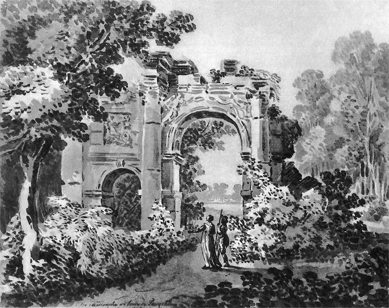 Zygmunt Vogel, Fragment ogrodu Powązki Czartoryskiej z ruinami łuku triumfalnego, ok. 1800